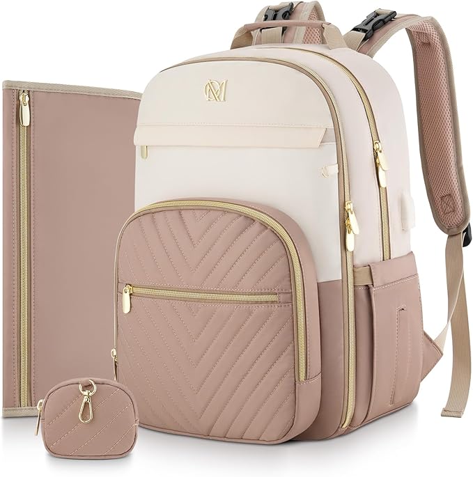MOMUVO Diaper Bag Backpack, Quilted Baby Bag with Changing Pad & Stroller Straps & Pacifier Case, Large Travel Diaper Bags for Mom Dad, Khaki