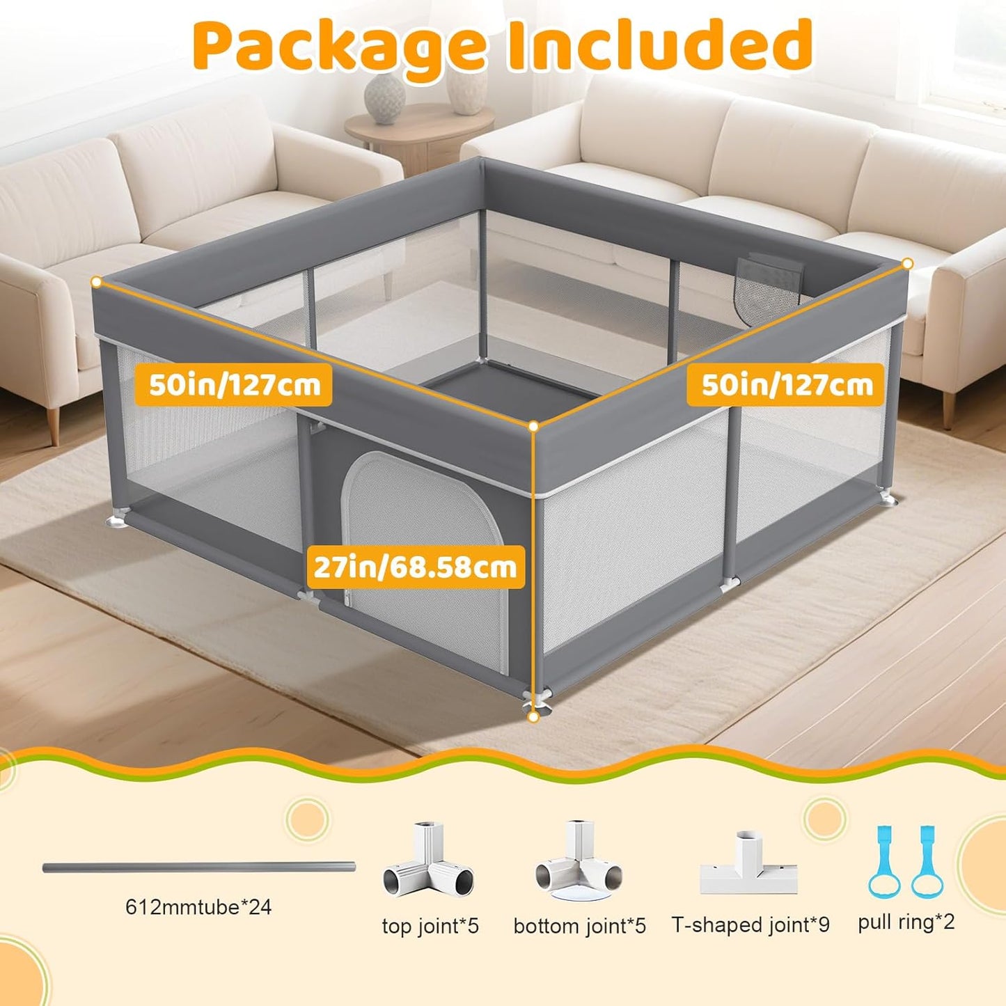 Foldable Baby Playpen: 71” x 59” Super Large Playpen for Babies and Toddlers - Portable Play Pen for Babies with Breathable Mesh & 2 Pulling Handle - Baby Play Yard for Outdoor & Indoor