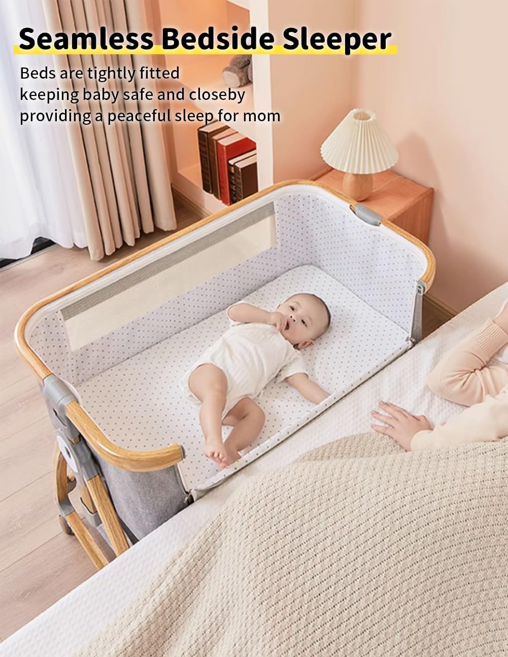 Baby Bassinet, Bedside Bassinet for Baby, 4 in 1 Portable Bassinet Bedside Sleeper with Wheels Mosquito Net & Storage Basket, 6 Height Adjustable Rocking Bassinet for Newborn Baby