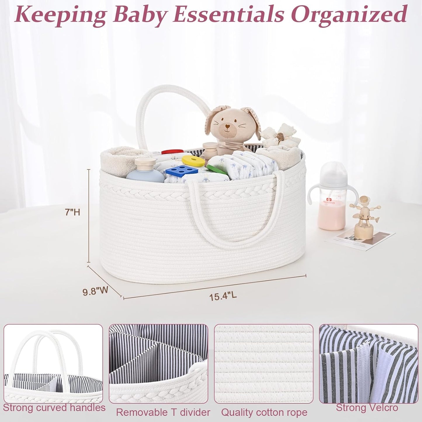 19L Baby Diaper Caddy Organizer, 16.8"x9.8"x9" Cotton Rope Diaper Basket, Changing Table Storage Caddy With Removable Divider, Baby Basket for Nursery, Car, Diapers, Baby Shower Gifts for Newborn