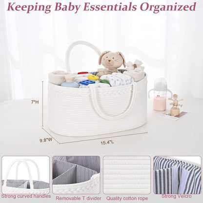 19L Baby Diaper Caddy Organizer, 16.8"x9.8"x9" Cotton Rope Diaper Basket, Changing Table Storage Caddy With Removable Divider, Baby Basket for Nursery, Car, Diapers, Baby Shower Gifts for Newborn