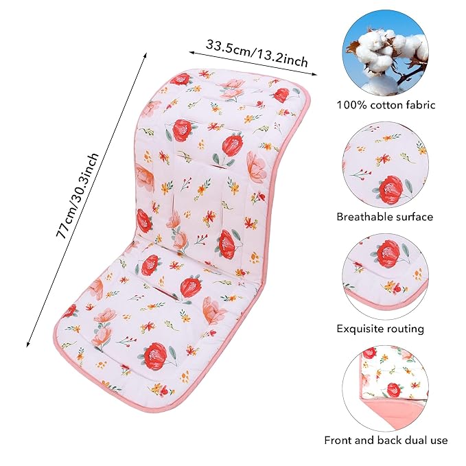 Baby Stroller Cushion,Infant Car Seat Insert-Reversible Universal Breathable and Soft Newborn seat Liner for Stroller,100% Cotton Seat Pad Liner for Newborns-34x78cm,1 Pack(Flowers+Pink)