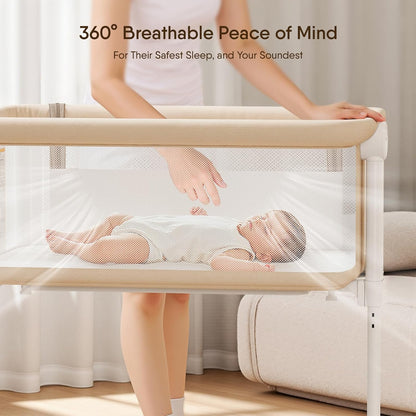 Bassinet Bedside Sleeper - All-Mesh Design, Portable Bedside Bassinet for Baby with Washable Mattress, 5 Adjustable Heights（Beige）