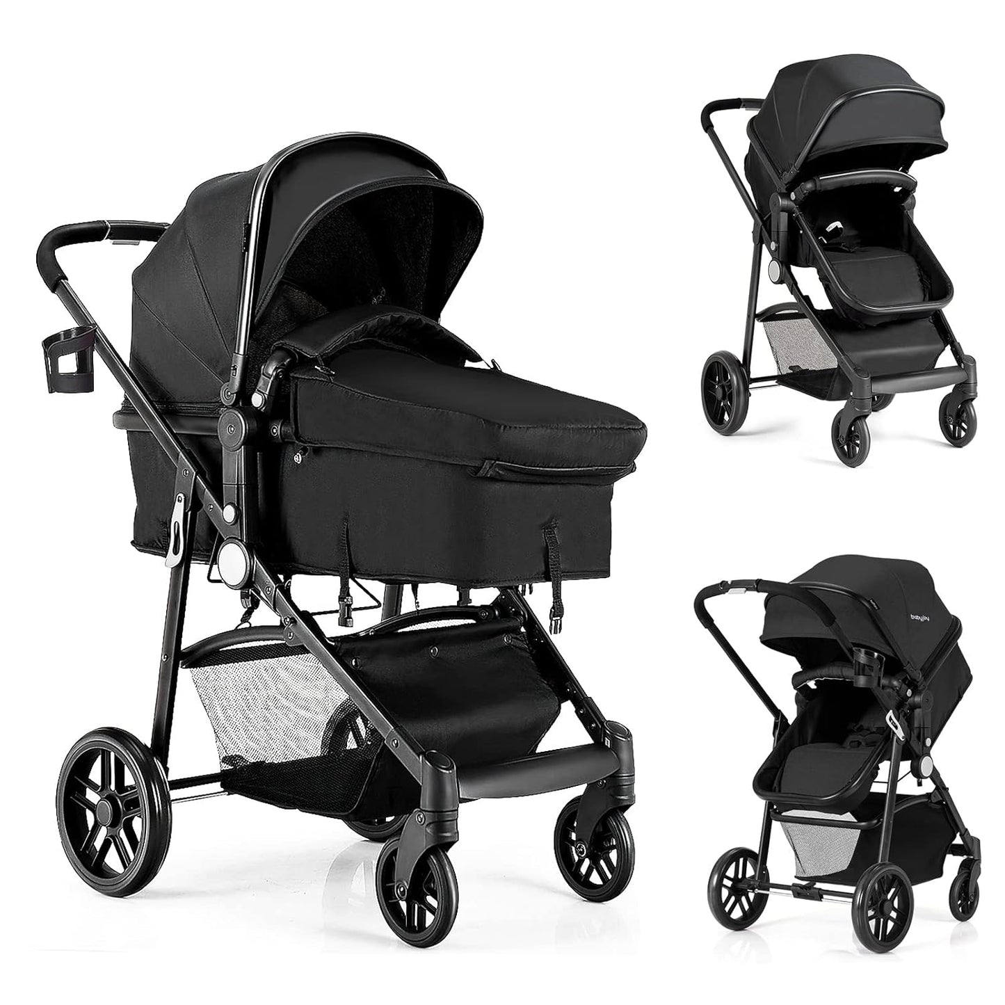 BABY JOY Baby Stroller, 2 in 1 Convertible Carriage Bassinet to Stroller, Pushchair with Foot Cover, Cup Holder, Large Storage Space, Wheels Suspension, 5-Point Harness (Pink)