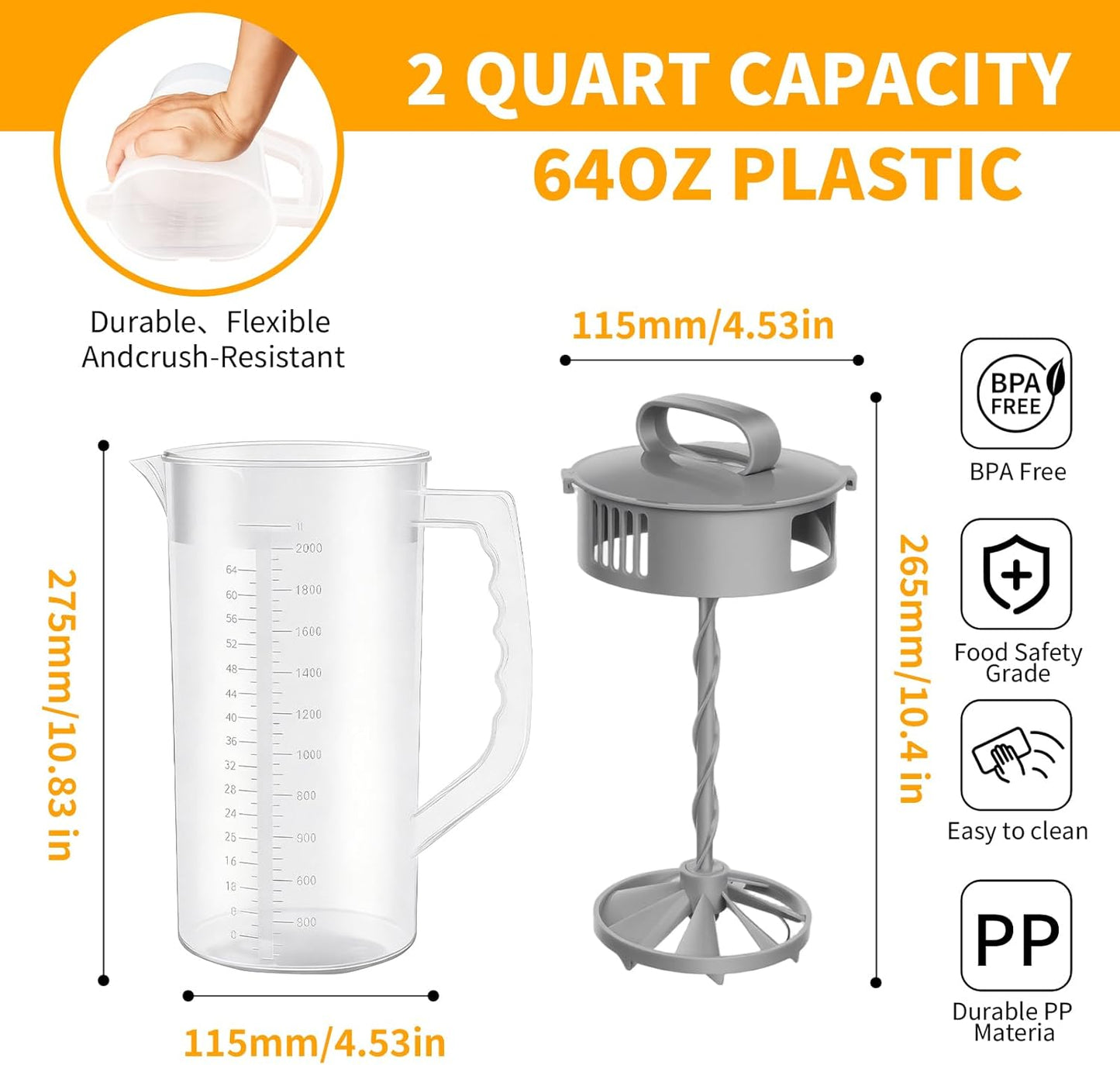 2 Quart/64oz Mixing Pitcher with Adjustable Plunger & Lid - BPA-Free, Drink Container for Juice, Formula, Tea - Wide Mouth, Easy Clean, Vortex Mixing Technolog