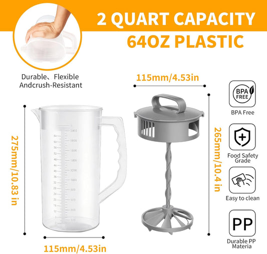 2 Quart/64oz Mixing Pitcher with Adjustable Plunger & Lid - BPA-Free, Drink Container for Juice, Formula, Tea - Wide Mouth, Easy Clean, Vortex Mixing Technolog