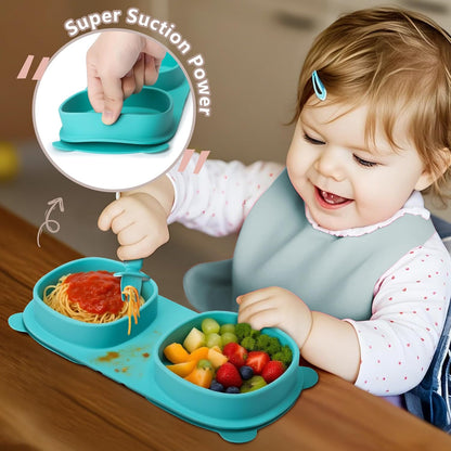 Baby Plates with Suction with Forks and Spoons, Foldable Silicone Toddler Plates, Baby Travel Essential, Microwave & Dishwasher Safe, Purple