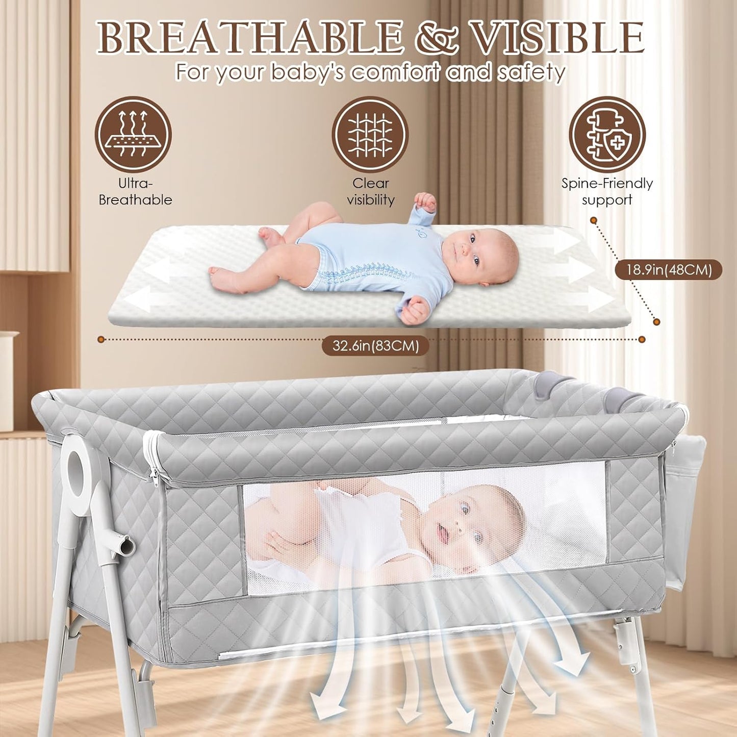 Baby Bassinet Bedside Crib for Newborn, 4-in-1 Baby Bassinet Bedside Sleeper with Mesh & Mattress, Easy Move Crib for Newborns with Lockable Wheels & Storage Basket, 4-Adjustable Height(Grey) | Bassinet with Wheels, Storage Basket, 4 Height Adjustable