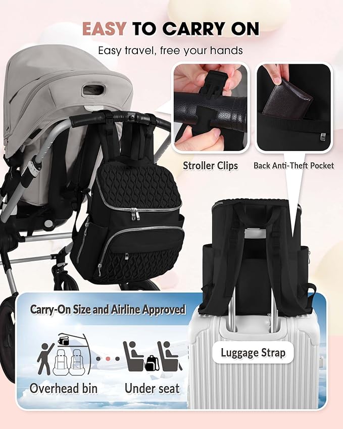 Baby Diaper Bag Backpack, Expandable Baby Bag for Girl Boy, Travel Diaper Backpack with Insulated Pocket, Changing Pad, Quilted Diaper Bag for Mom Dad, Newborn Baby Essentials Must Have Black