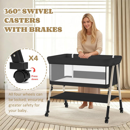 Baby Bassinet, 3-in-1 Baby Bassinets Bedside Sleeper for Newborn with Breathable Mesh, Portable Baby Crib with 4- Adjustable Height, Mattress, Storage Basket & Lockable Wheels, CPSC Beige