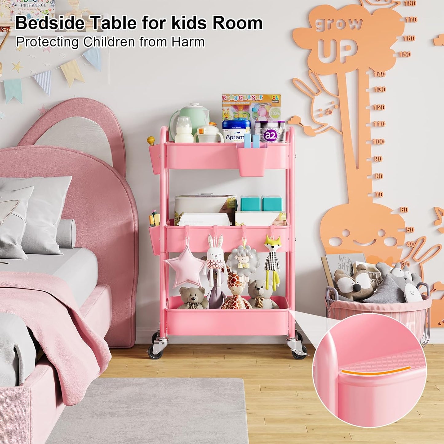 3 Tier Rolling Cart Metal with Lockable Wheels, Pink Three Tiered Diaper Caddy Cart Organizer on Wheels, Storage Utility Trolley Carts for Craft, Art, Nail, Lash, Baby Supplies, Cleaning, Mesh