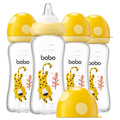 YOHKOH Natural Glass Baby Bottle with Level 1 Slow Flow Nipple, Newborn Anti-Colic Baby Bottles, Wide Neck Mushroom Baby Glass Bottle (Multicolour-A, 3.4oz (Pack of 4))