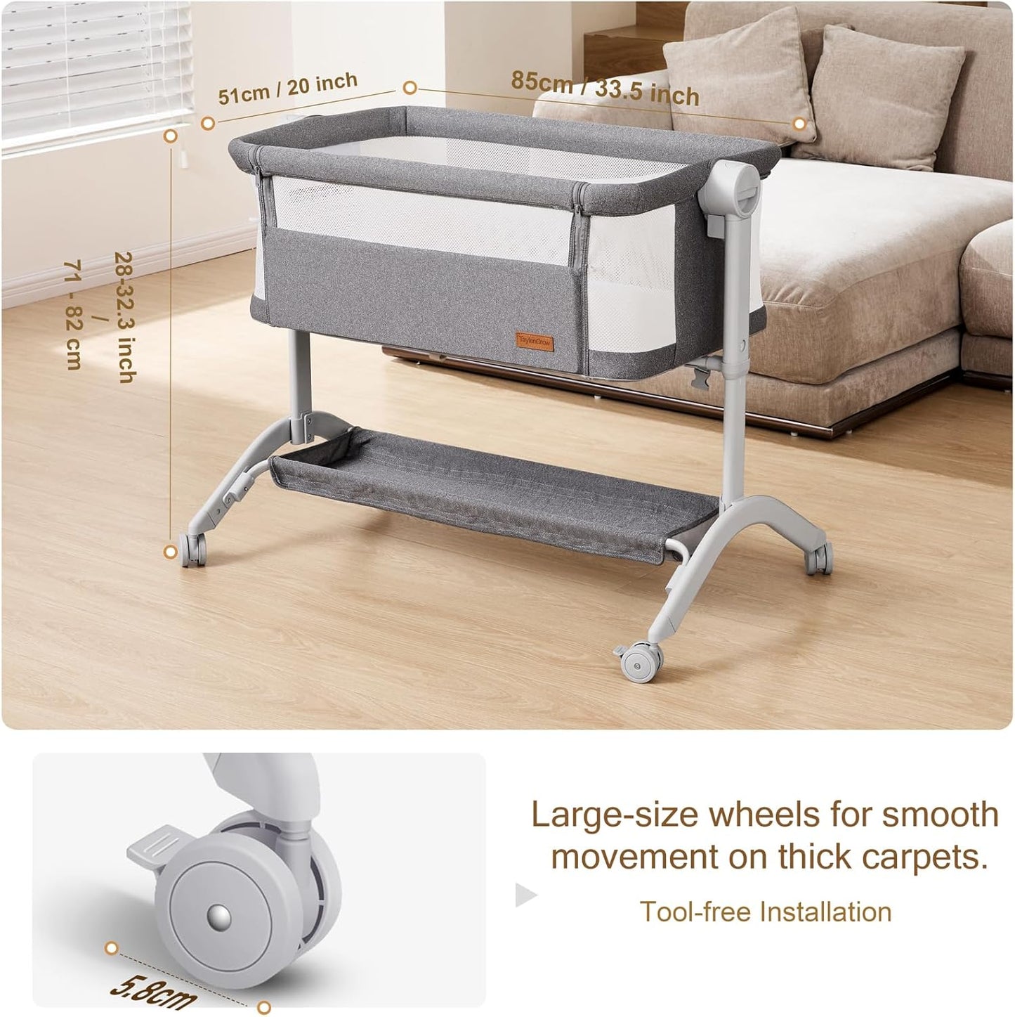 Bassinet Bedside Sleeper - All-Mesh Design, Portable Bedside Bassinet for Baby with Washable Mattress, 5 Adjustable Heights（Beige）