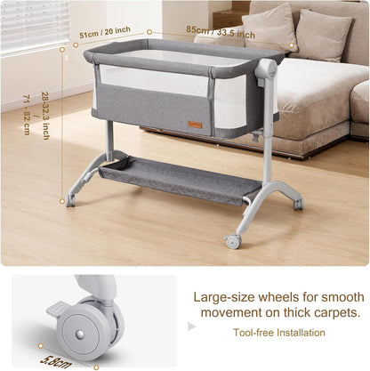 Bassinet Bedside Sleeper - All-Mesh Design, Portable Bedside Bassinet for Baby with Washable Mattress, 5 Adjustable Heights（Beige）