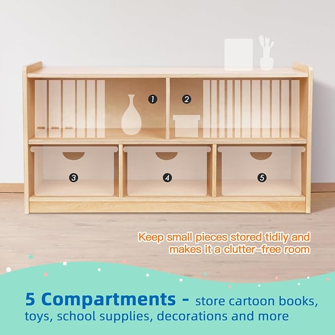 OOOK Montessori Shelf 5-Section Wooden Storage Cabinet, 2-Shelf Toy Organizers and Storage, Kids Classroom Organizer, Playroom, Daycare and Preschool