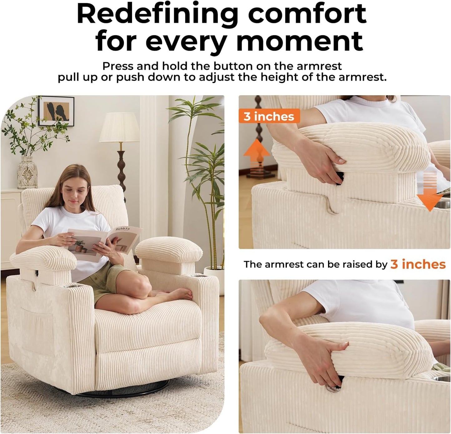 Rocking Chair Nursery with Adjustable Armrests, Electric Glider Recliner Nursing Chair for Breastfeeding, Power Swivel Recliner Chairs with Massage and Heat, Adjustable Headrest , FSC Certified, White