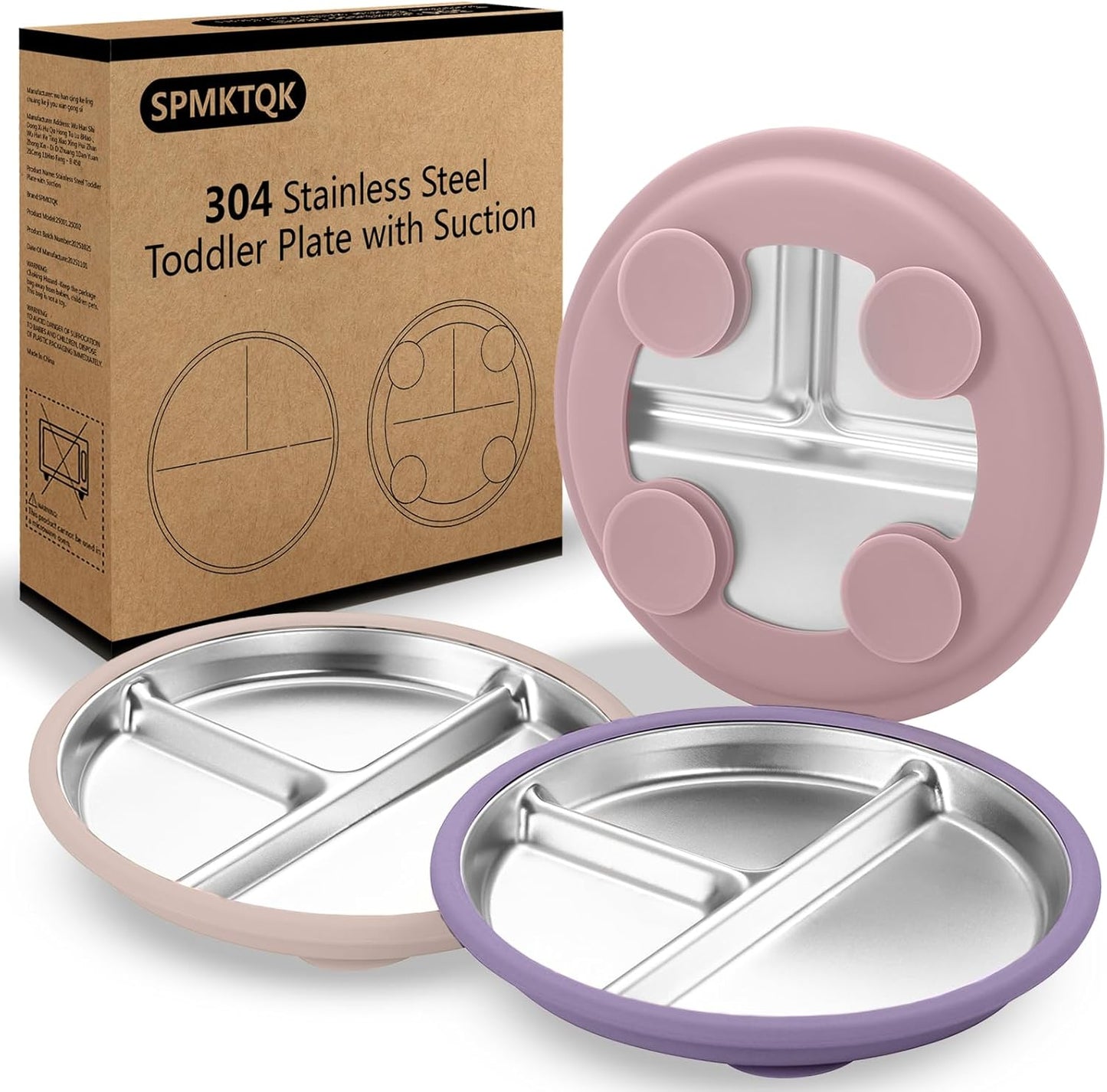 SPMKTQK 3Pack Sainless Steel Kids Plates with Suction, 8.1” Divided Toddler Baby Plates with Removable Silicone Sleeves BPA Free Non-Slip 2-in-1 Anti Breakage Metal Toddler Bowls