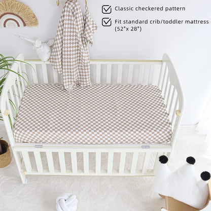 LifeTree Crib Sheets for Baby Unisex - Muslin Fitted Crib Sheets Toddler Bed Sheet, 70% Viscose from Bamboo and 30% Cotton, Fits Mini Crib & Pack and Play Playard, Bear, 26in x 38in