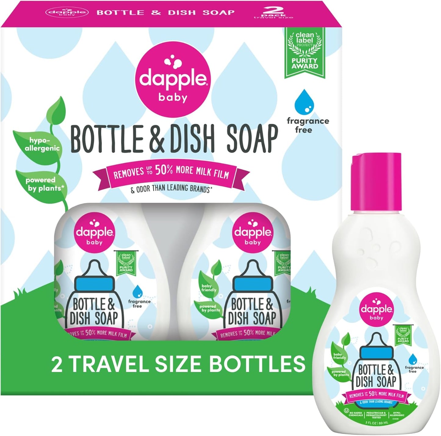 Dapple Baby Fragrance Free Bottle & Dish Soap - (3 Pack) 16.9 fl oz - Cleans Baby Bottles, Sippy Cups, Pacifiers, Breast Pumps, & More - Gently Removes Milk Film & Odors - Includes 1 Pump
