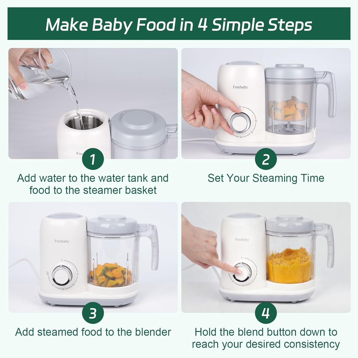 Freebaby 4 in 1 Baby Food Maker, One Step Baby Food Processor, Puree Blender Grinder Mills and Steamer, Baby Puree Maker with Steam Basket, One Button Easy Operation, BPA-Free