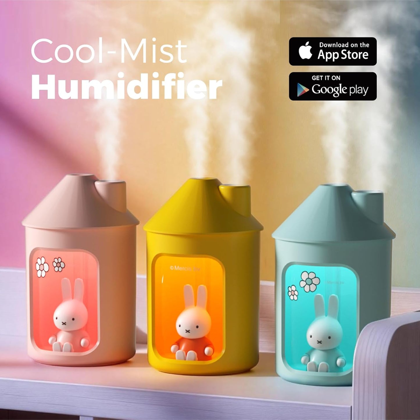 Mipow X Miffy Double Spray Humidifier 2.0 Smart App-Control RGB LED, Mini Cute Humidifier with Night Light, 500ml for Bedroom, Nursery/Office - Blue