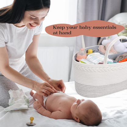 luxury little Diaper Caddy Organizer, Large Cotton Rope Nursery Baby Basket, Changing Table Organizer for Baby Diaper Storage, Portable Car Organizer Removable Divider (Off White, Large)
