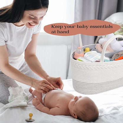 luxury little Diaper Caddy Organizer, Large Cotton Rope Nursery Baby Basket, Changing Table Organizer for Baby Diaper Storage, Portable Car Organizer Removable Divider (Off White, Extra Large)