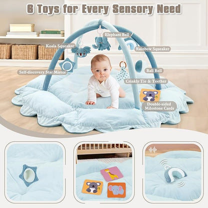 5-in-1 Plush Baby Play Gym, Activity Mat with Convertible Gym, Baby Gym 6 Sensory Toys, Play Center for Newborn to Toddler, Blue