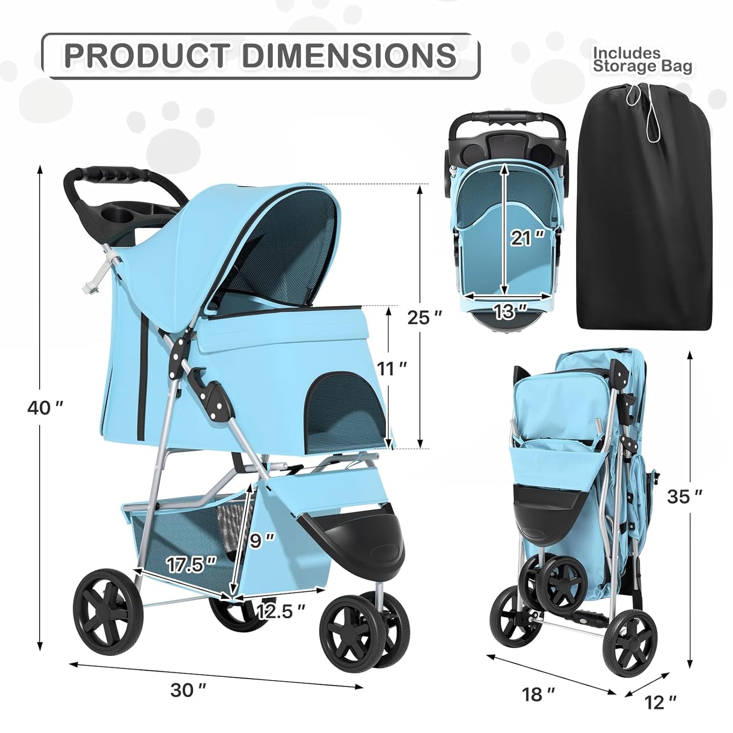 MoNiBloom Foldable Pet Stroller with Weather Cover, 3 Wheels Pet Strolling Cart for Small/Medium Dogs and Cats with Storage Basket and Cup Holder, Breathable and Visible Mesh for All-Season, Black