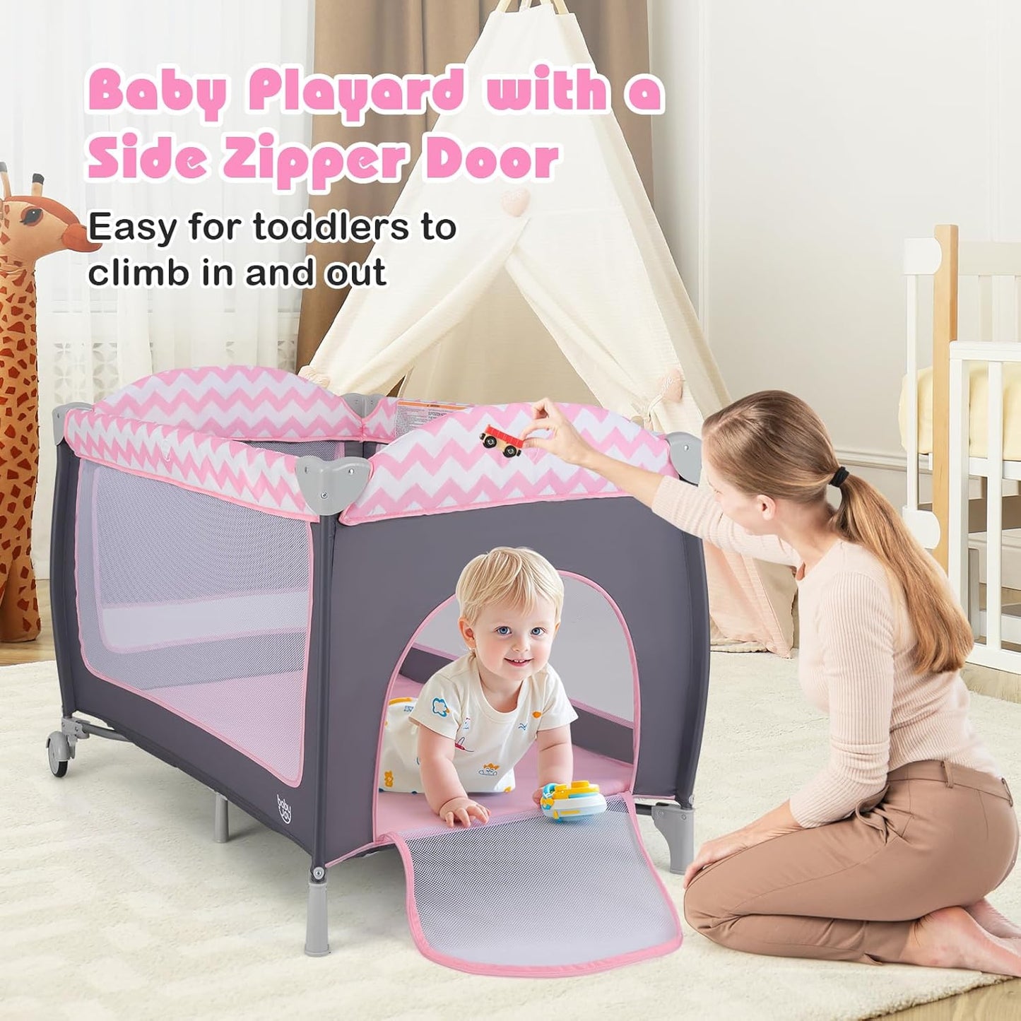 BABY JOY 4 in 1 Pack and Play, Portable Baby Playard with Bassinet, Side Zipper Door, Changing Table, Indoor Outdoor Travel Nursery Center w/Hanging Bar, Lockable Wheels, Carry Bag