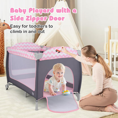 BABY JOY 4 in 1 Pack and Play, Portable Baby Playard with Bassinet, Side Zipper Door, Changing Table, Indoor Outdoor Travel Nursery Center w/Hanging Bar, Lockable Wheels, Carry Bag