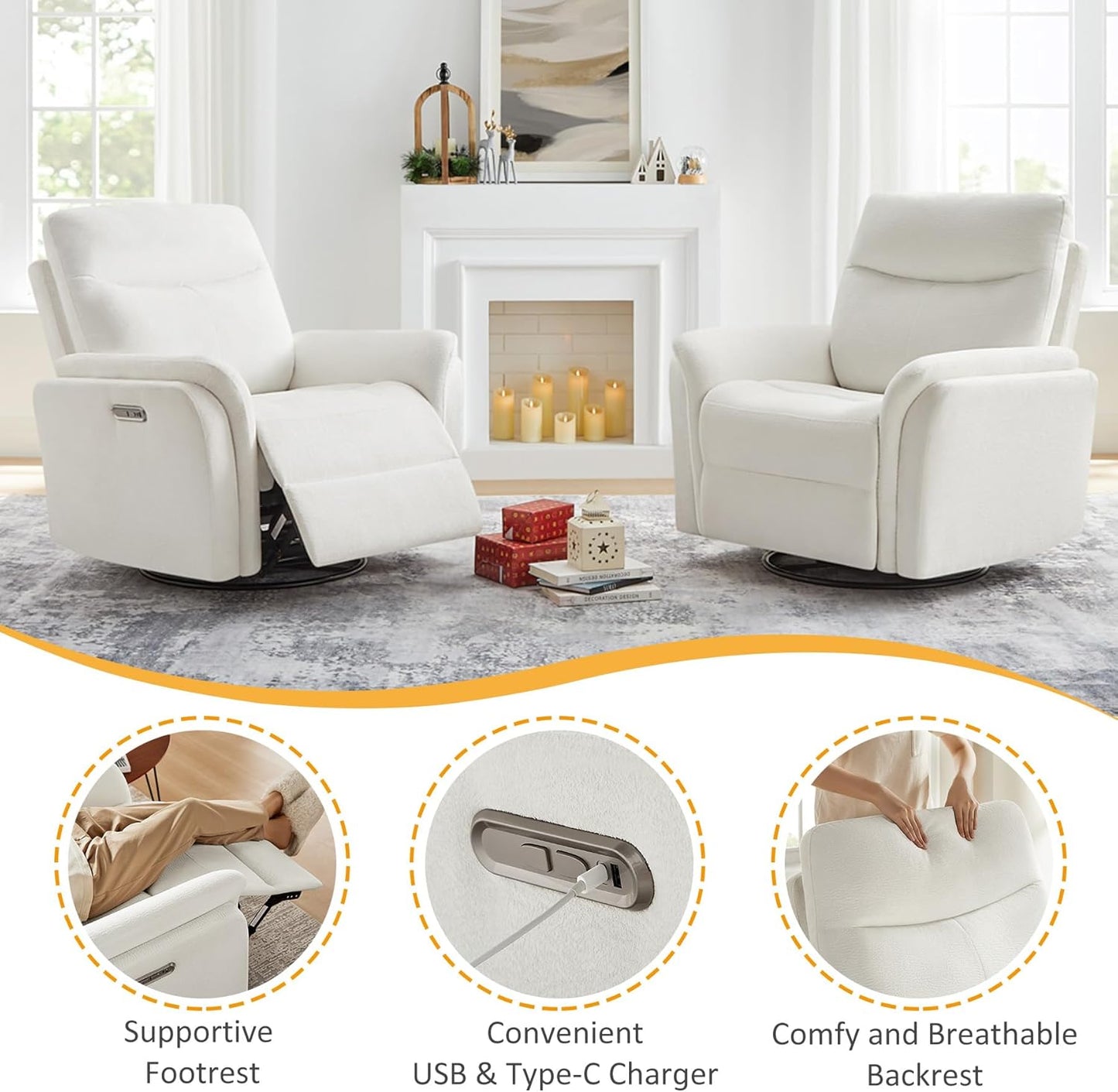 VANOMi Power Recliner Chair Swivel Glider, Electric Rocking Recliner Chairs with USB and Type-C Ports, Nursery Chair Recliner for Living Room, Bedroom, Apartment（Camel）