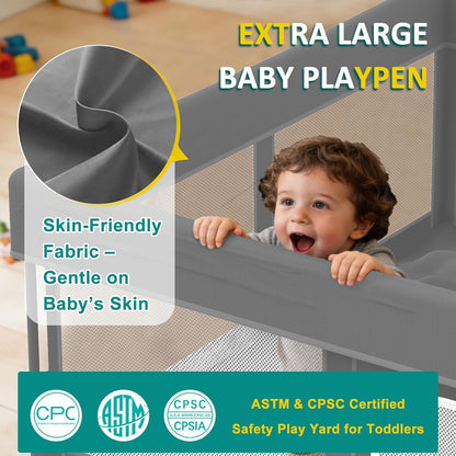 Foldable Baby Playpen, 50"×50" Play Yard for Toddlers, Portable & Collapsible Playpen with Gate, ASTM & CPSC Certified, Skin-Friendly & Breathable Mesh, Ideal for Indoor & Outdoor Use with Bag