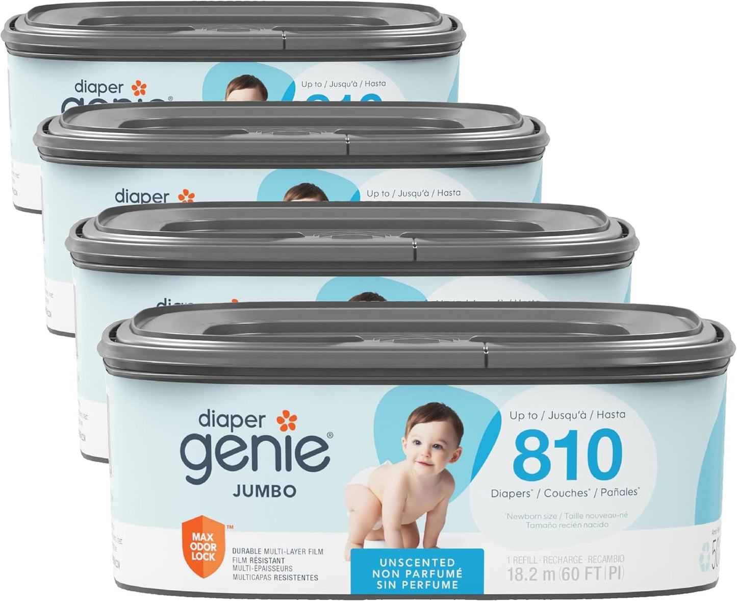 Diaper Genie Jumbo Square Refill, with Continuous Film, can Hold up to 810 Newborn-Sized Diapers per Refill.