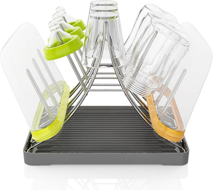 Baby Bottle Drying Rack, Space Saving Bottle Drying Tree Rack with Drainboard for Cups, Mugs and Glass, Sports Bottle, Holds Up to 15 Baby Bottles ，Foldable,Stainless Steel,