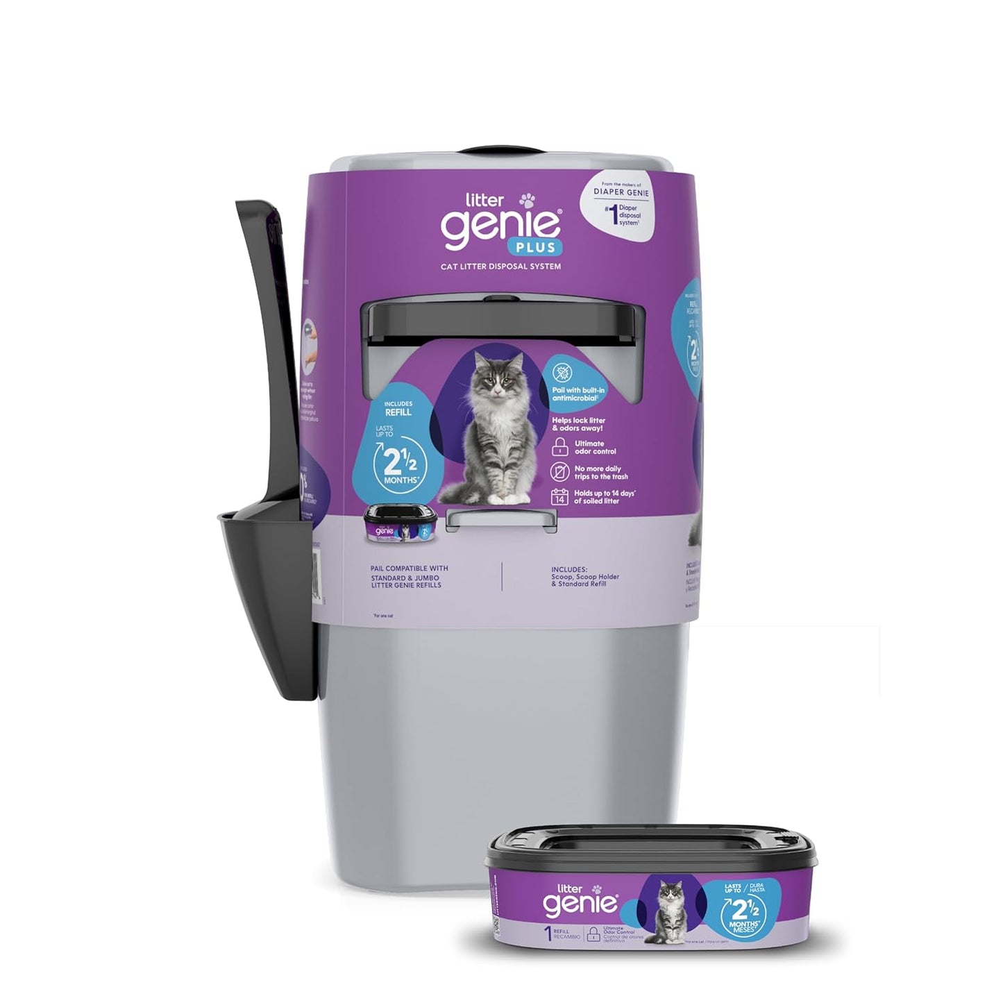 Litter Genie Style Pail Cat Litter Box Waste Disposal System for Odor Control Includes 1 Square Refill Bag