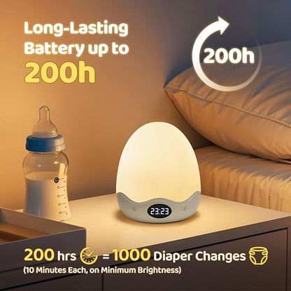 COOLNIGHT Nursery Night Light with Clock,10 Brightness+10 Colors Egg Light for Nursery,Touch+Remote+3600mAh Rechargeable Egg Night Light for Baby Nursery,Warm Light for Breastfeeding 1h Timer&Portable