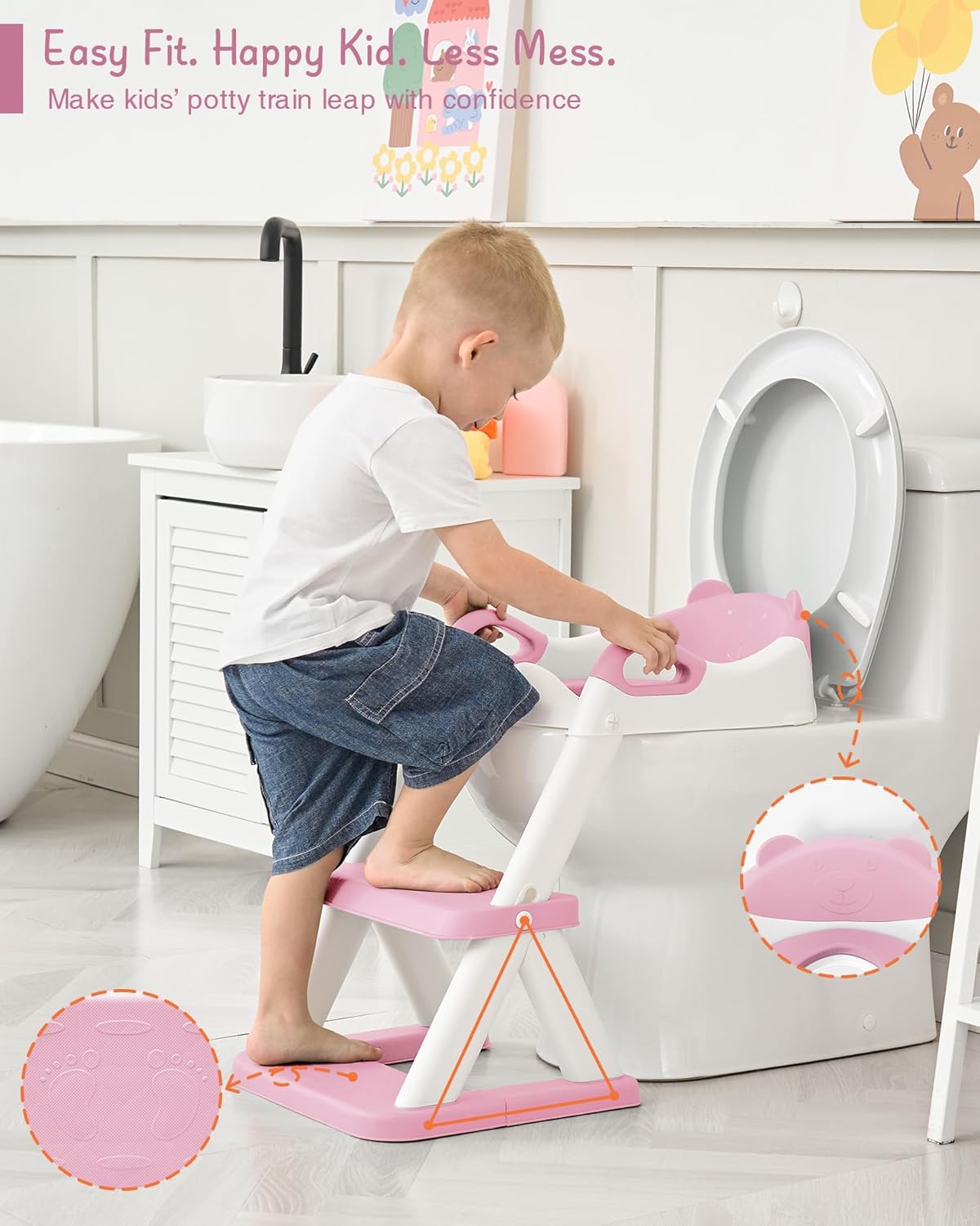 Forbena Toddler Potty Training Seat with Step Stool Ladder, Toilet Potty Seat for Baby Boys Girls Toddlers, Kids Chair Stairs with Handles and Soft Cushion (White and Grey)