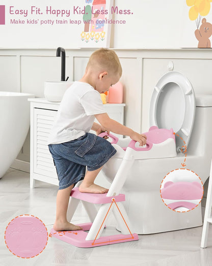 Forbena Toddler Potty Training Seat with Step Stool Ladder, Toilet Potty Seat for Baby Boys Girls Toddlers, Kids Chair Stairs with Handles and Soft Cushion (White and Grey)