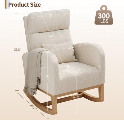 GarveeHome Teddy Fleece Rocking Chair, Modern Nursery Glider Chair with Side Pockets and Pillow, Rocker Chair for Living Room Bedroom Nursing Room, Pink