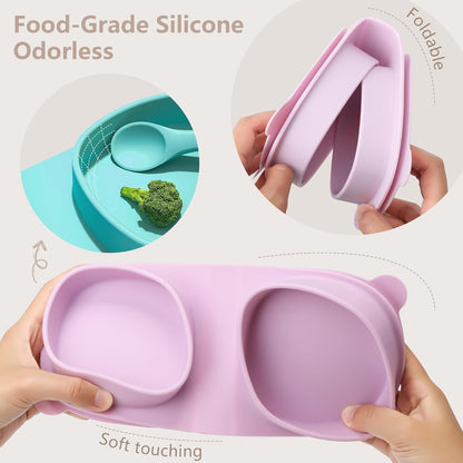 Baby Plates with Suction with Forks and Spoons, Foldable Silicone Toddler Plates, Baby Travel Essential, Microwave & Dishwasher Safe, Purple