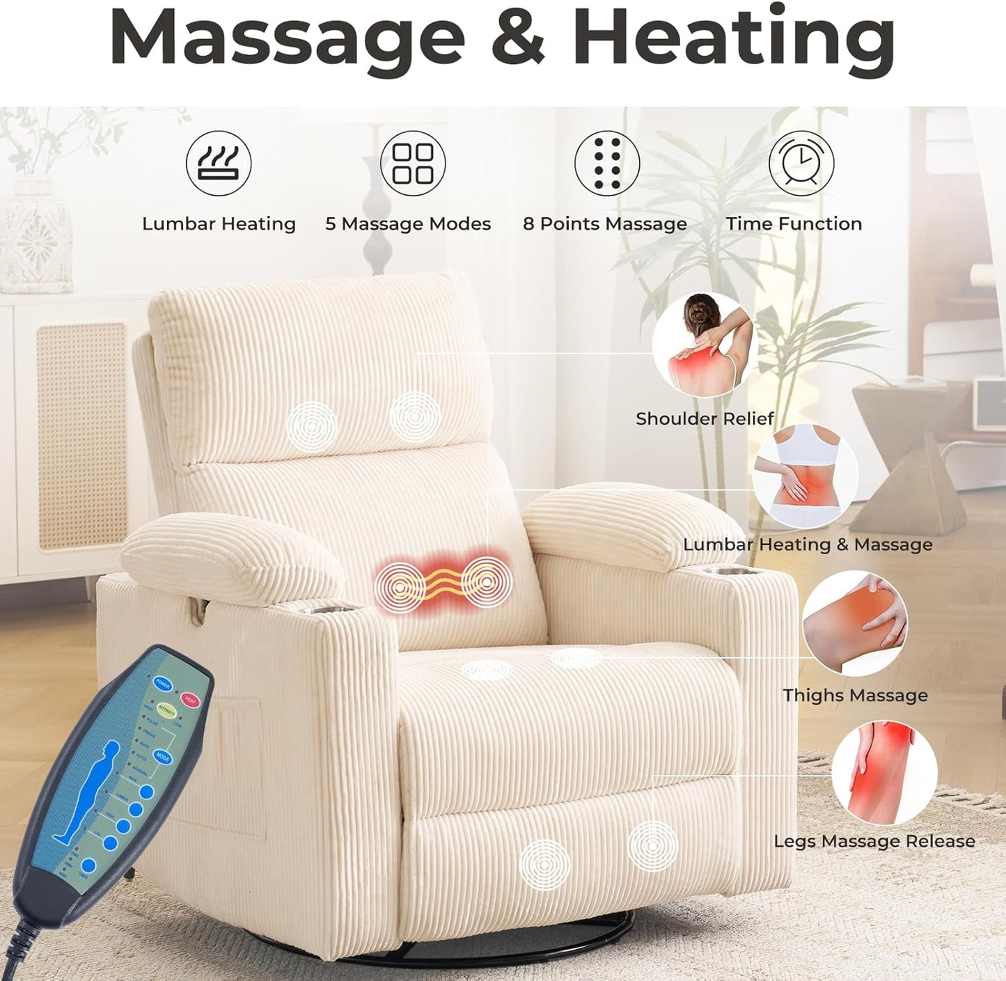 Rocking Chair Nursery with Adjustable Armrests, Electric Glider Recliner Nursing Chair for Breastfeeding, Power Swivel Recliner Chairs with Massage and Heat, Adjustable Headrest , FSC Certified, White