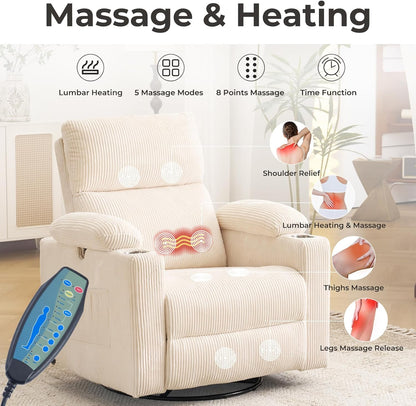 Rocking Chair Nursery with Adjustable Armrests, Electric Glider Recliner Nursing Chair for Breastfeeding, Power Swivel Recliner Chairs with Massage and Heat, Adjustable Headrest , FSC Certified, White