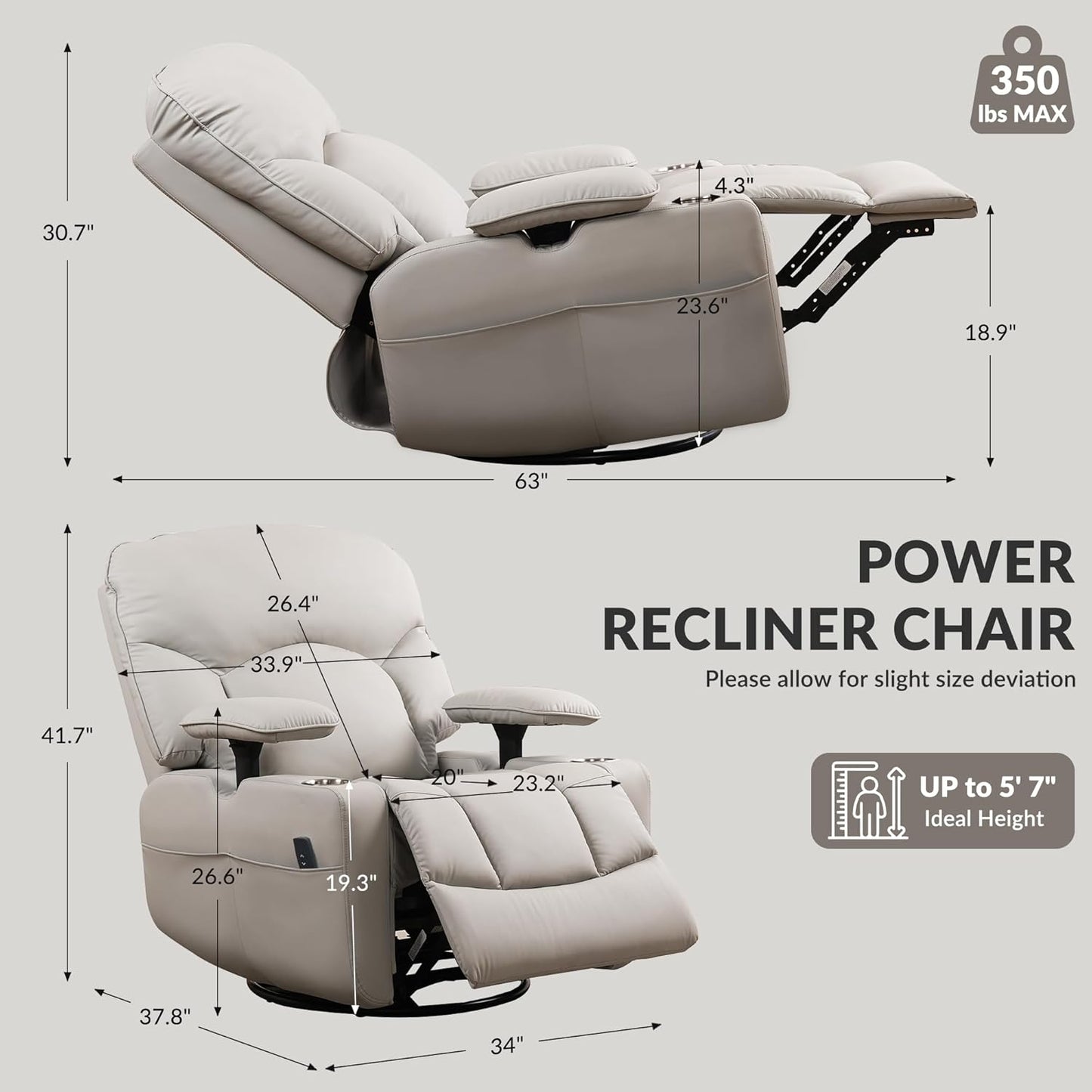 GRAINELL Oversize Power Swivel Recliner, 40in Wide Electric Glider Rocking Chair with Headrest Adjustment, USB Port, 270° Swivel, Rock 30° – for Living Room, Nursery, Black (5" 7' to 6" 1' Height)