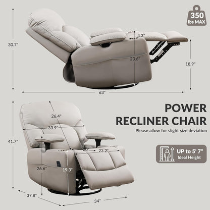 GRAINELL Oversize Power Swivel Recliner, 40in Wide Electric Glider Rocking Chair with Headrest Adjustment, USB Port, 270° Swivel, Rock 30° – for Living Room, Nursery, Black (5" 7' to 6" 1' Height)