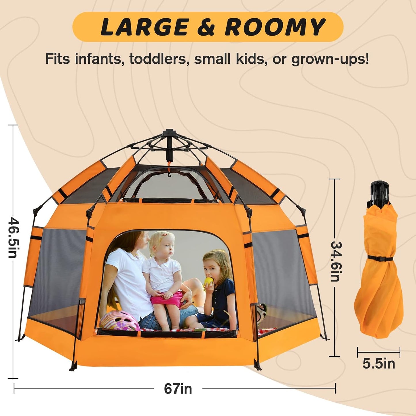 Instant Pop Up Baby Playpen with UV Canopy & Safety Lock, Portable Outdoor Beach Tent Play Yard for Toddlers, Breathable Mesh & Carry Bag, Indoor & Backyard Use (Orange)