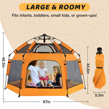 Instant Pop Up Baby Playpen with UV Canopy & Safety Lock, Portable Outdoor Beach Tent Play Yard for Toddlers, Breathable Mesh & Carry Bag, Indoor & Backyard Use (Orange)