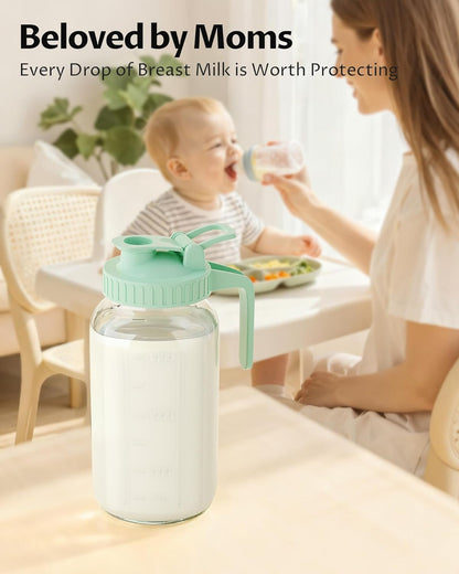 32oz Breast Milk Pitcher with Lid - Airtight Leakproof Glass Storage with Flip Cap & Pour Spout, Wide Mouth 1 Quart Breastmilk Storage Container Breastfeeding Essentials for Breastmilk, Formula, Milk