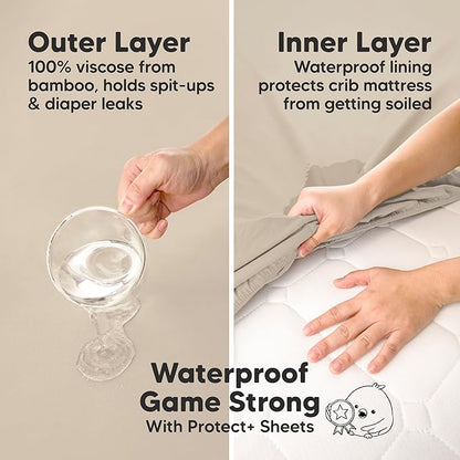 2-Pack Waterproof Baby Crib Sheets for Boys, Girls - 52x28 Viscose Derived from Bamboo Toddler Bed Sheet Neutral, Fitted Crib Mattress Protector Cover for Baby Bedding, Soft & Gentle (Hedges)