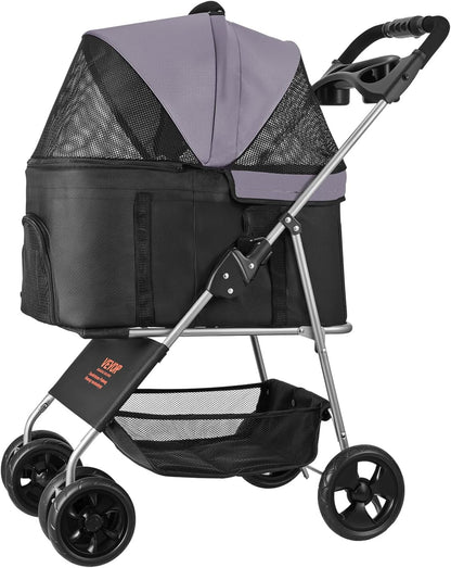 VEVOR Pet Stroller, 44 lbs Weight Capacity, Foldable Dog Cart, 4 Wheels Cats Stroller with Mesh Windows & Revrsible Handle, Portable Pet Carrier with Brake, for Small to Medium Pets
